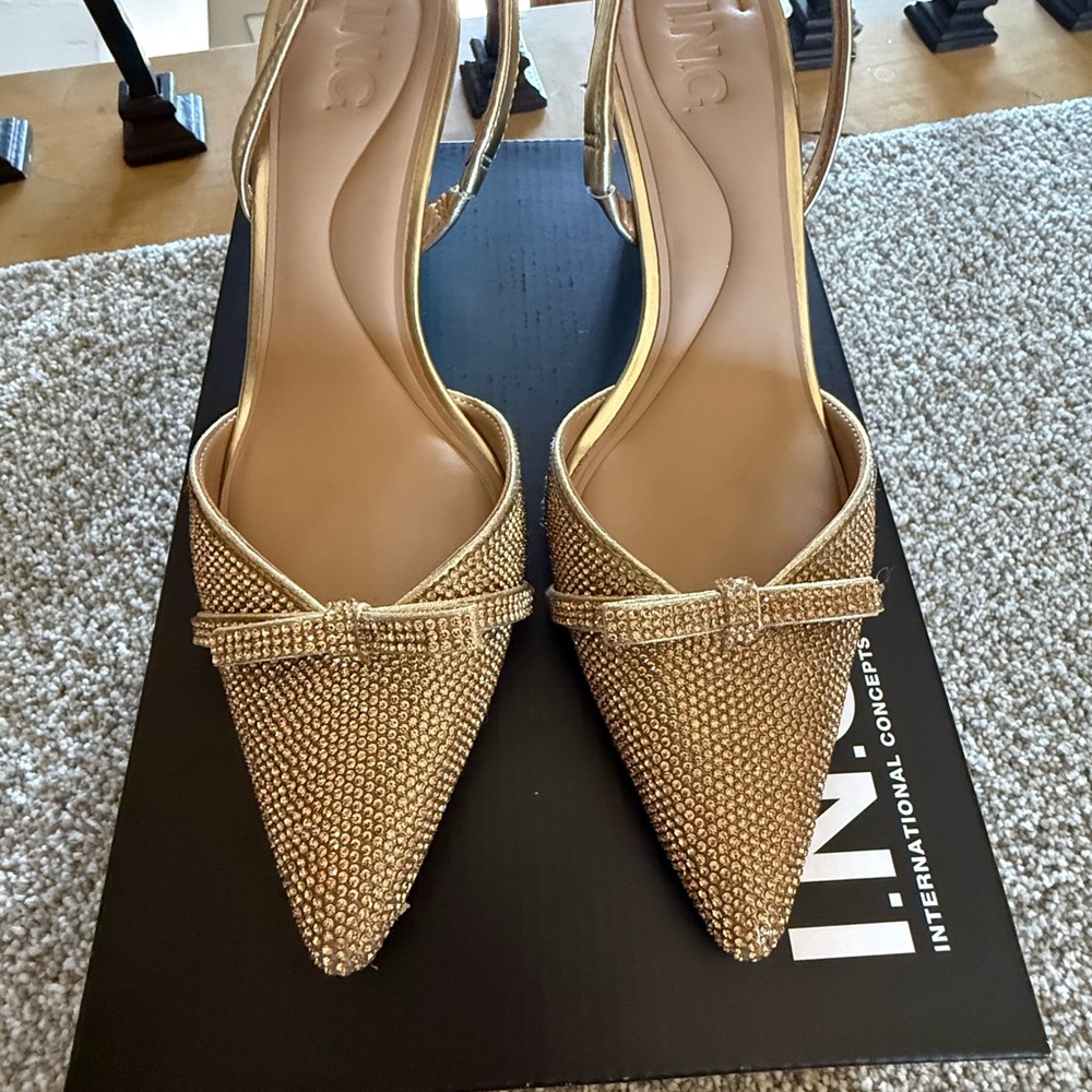 INC International Concepts Metallic Bronze Pointed Toe Slingback Heels